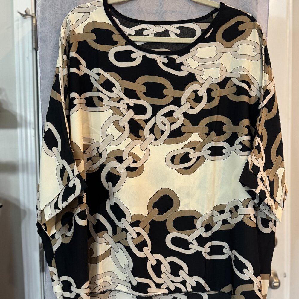 Chain Print Tunic Top Oversized Batwing Blouse Black Tan Cream
